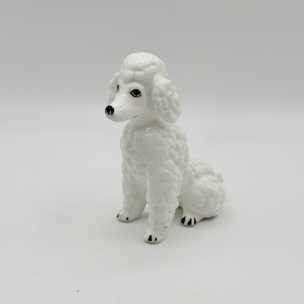 Vintage Porcelain Sitting White Poodle Dog Figurine 3.25"H Miniature Cottage